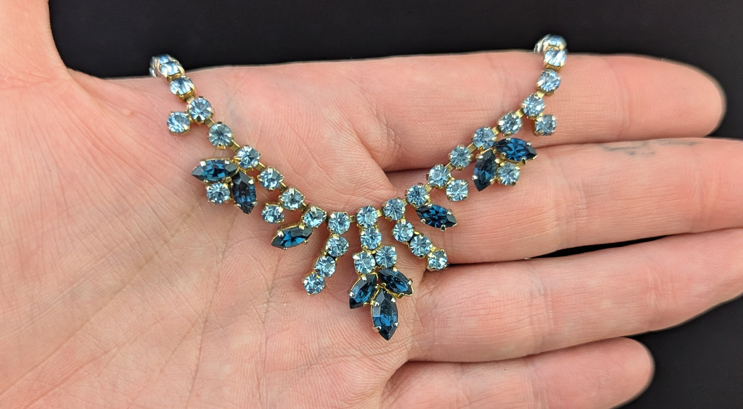 Vintage blue paste choker necklace, Mid century, Wedding Something Blue, Gold tone