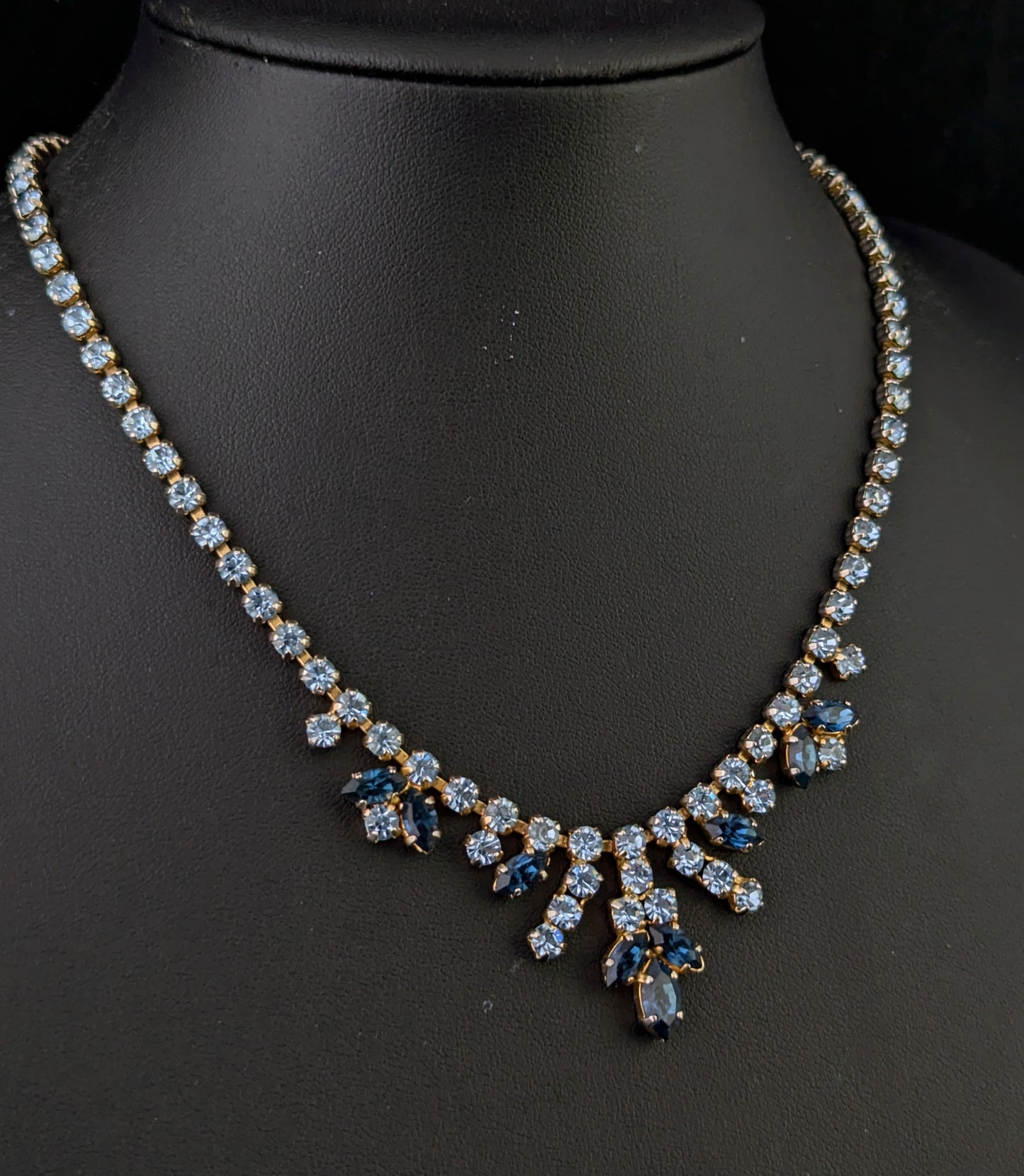 Vintage blue paste choker necklace, Mid century, Wedding Something Blue, Gold tone