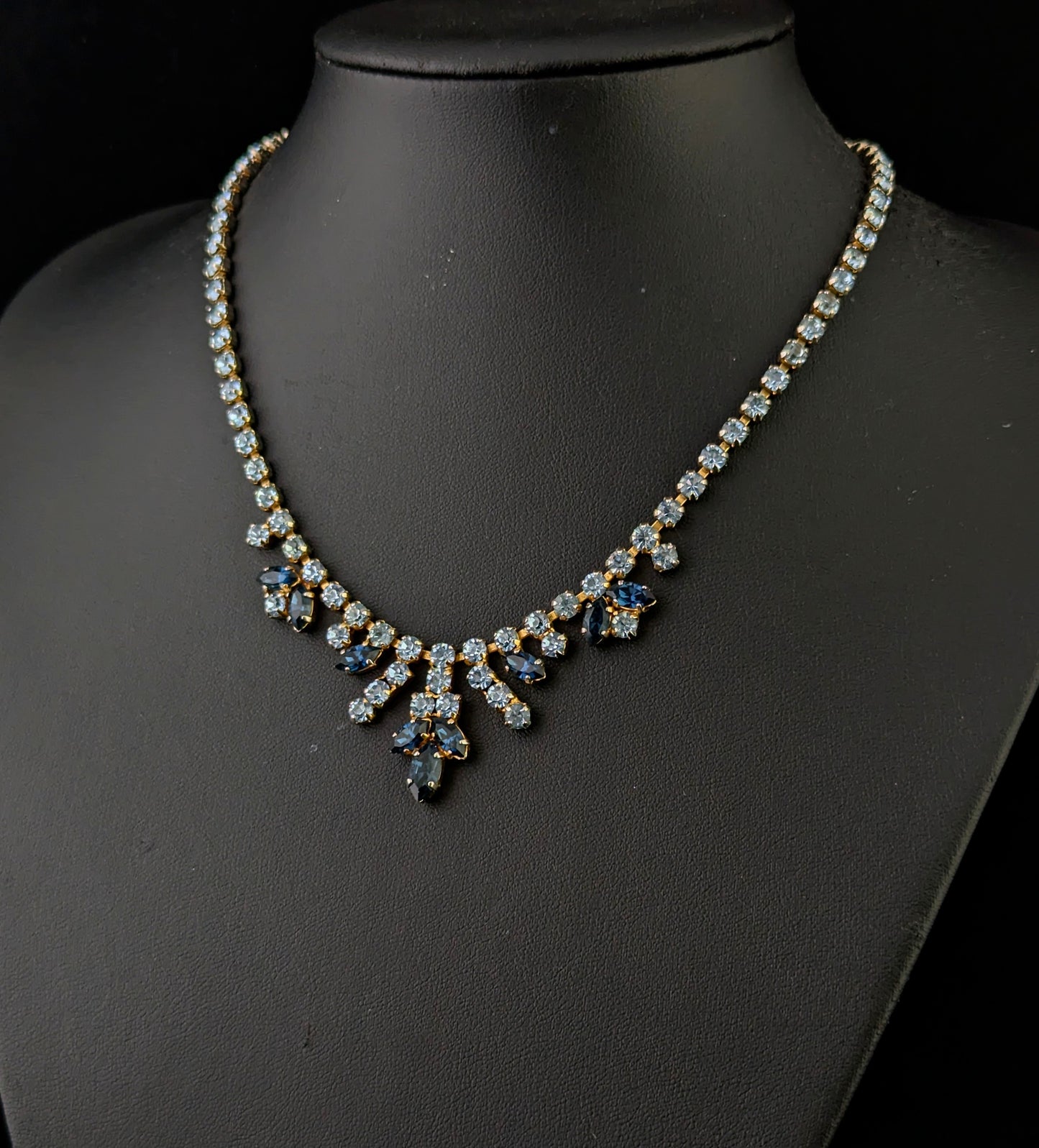 Vintage blue paste choker necklace, Mid century, Wedding Something Blue, Gold tone