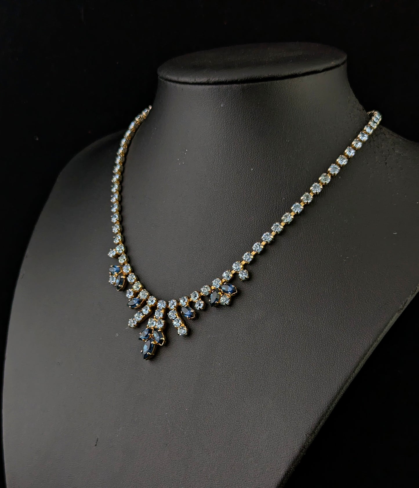 Vintage blue paste choker necklace, Mid century, Wedding Something Blue, Gold tone