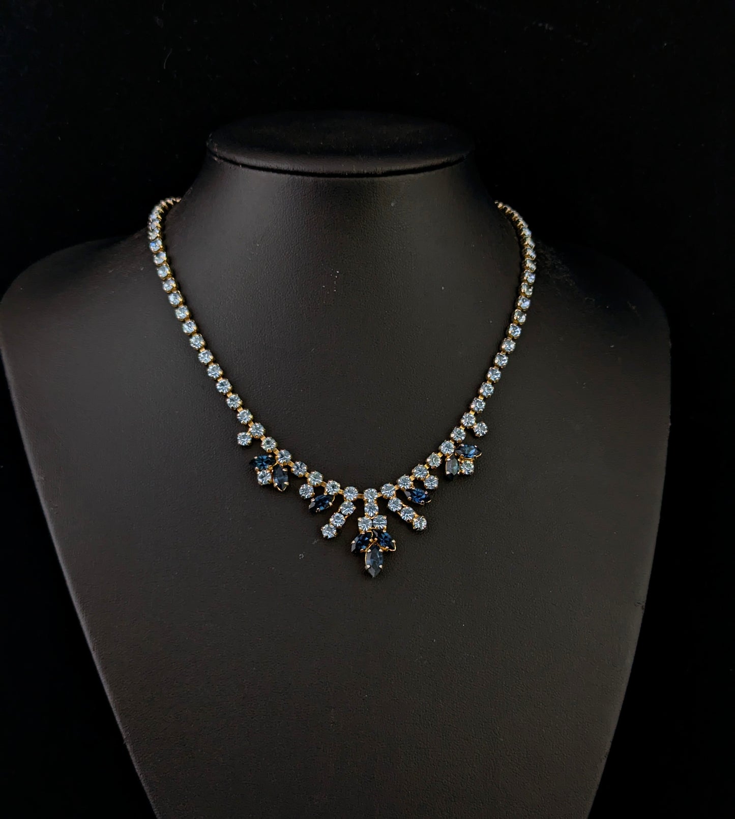 Vintage blue paste choker necklace, Mid century, Wedding Something Blue, Gold tone