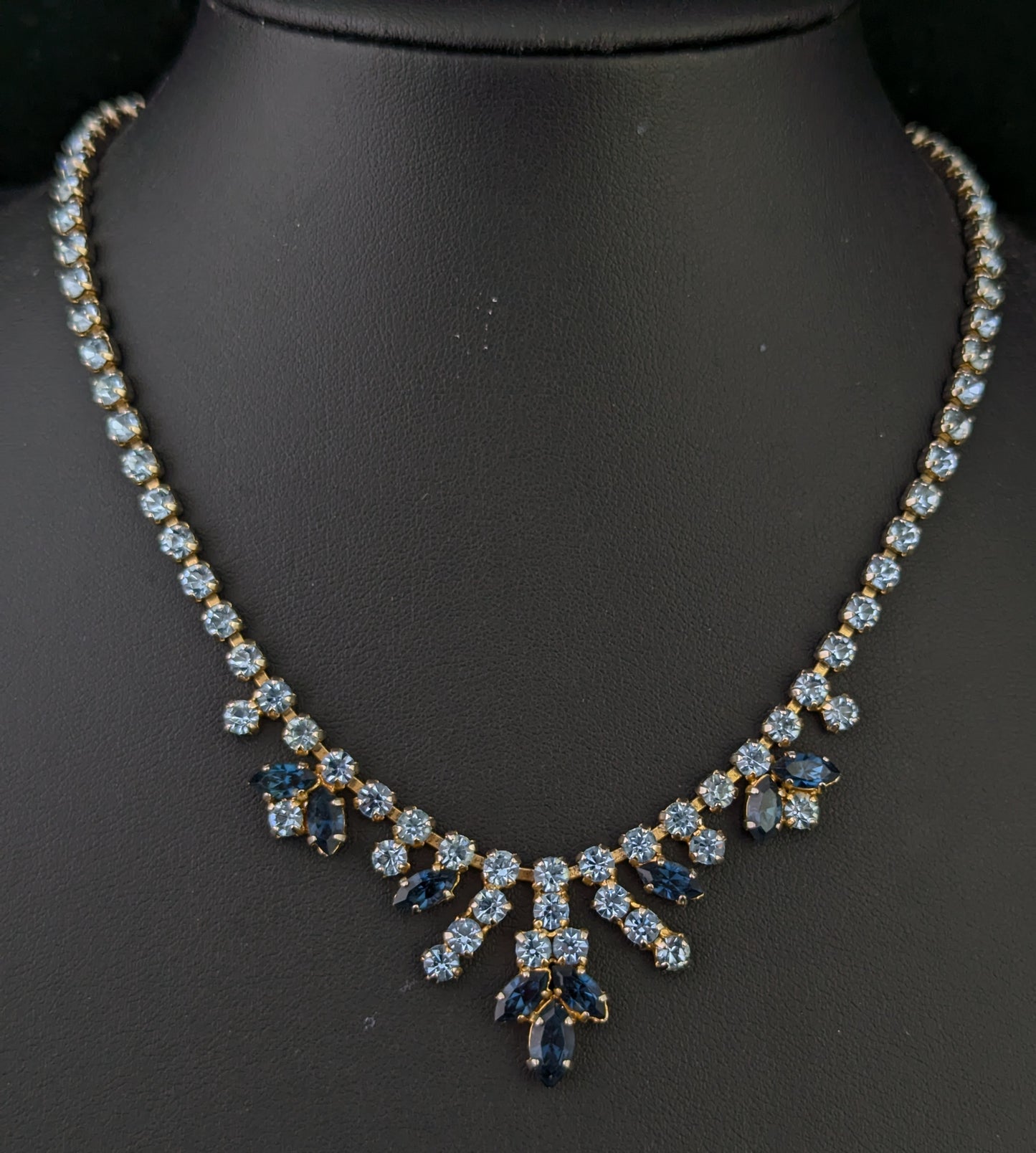 Vintage blue paste choker necklace, Mid century, Wedding Something Blue, Gold tone