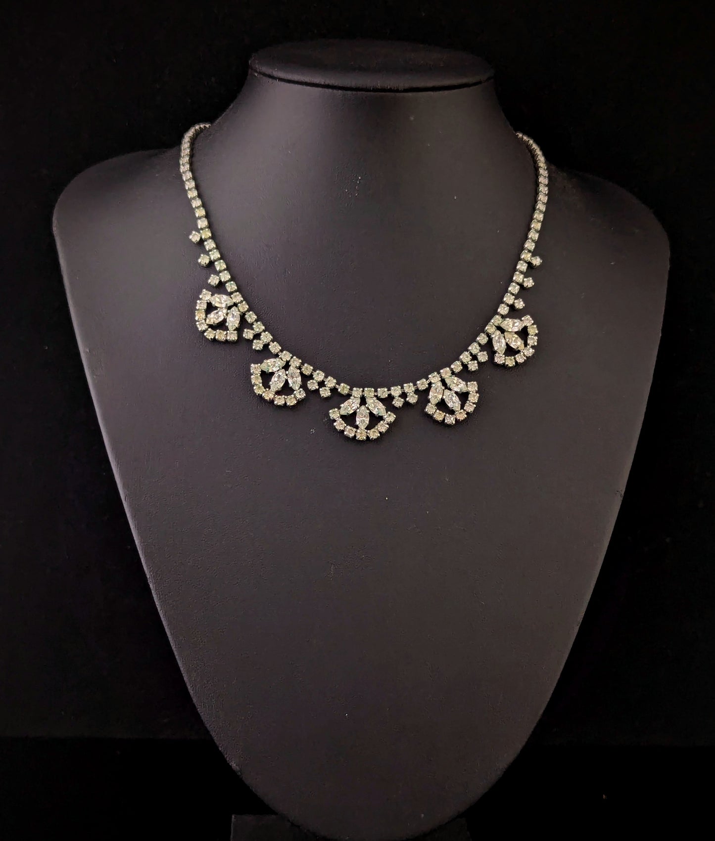 Vintage Art Deco paste fringe bib necklace, Fan shape