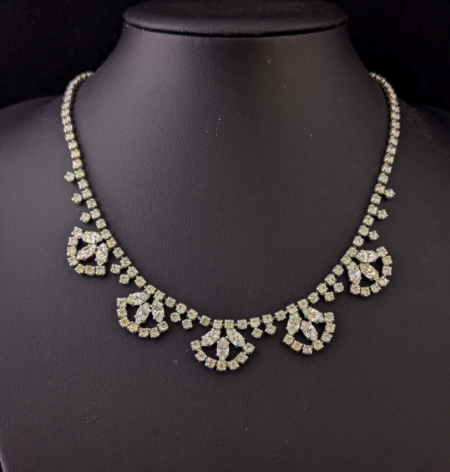 Vintage Art Deco paste fringe bib necklace, Fan shape