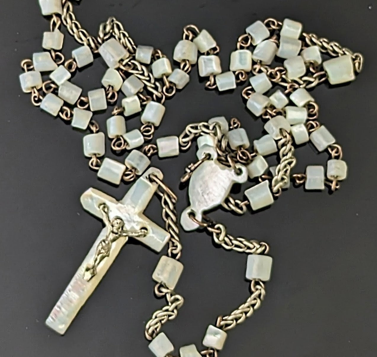Antique Mother of Pearl Rosary bead necklace, INRI