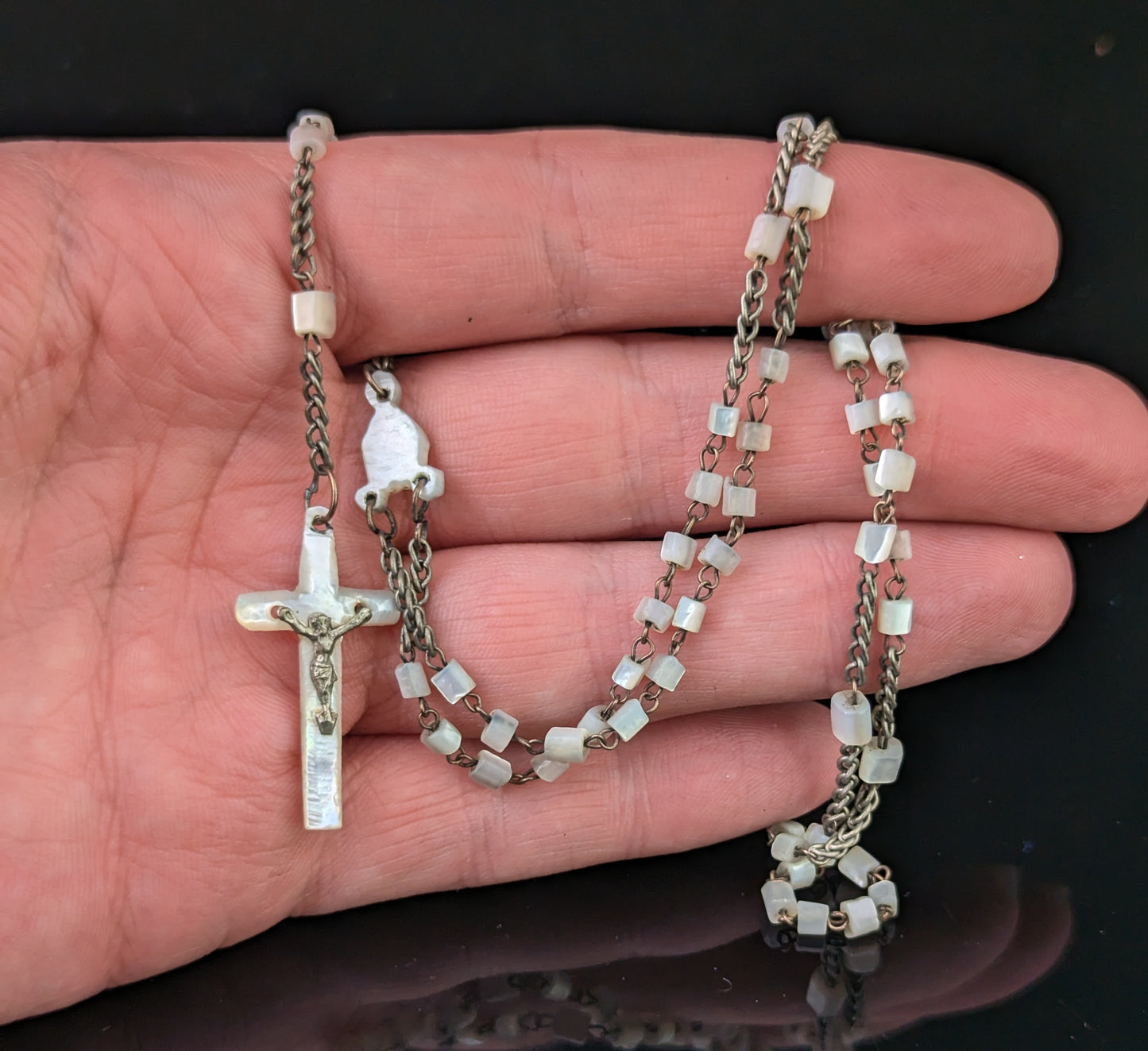 Antique Mother of Pearl Rosary bead necklace, INRI