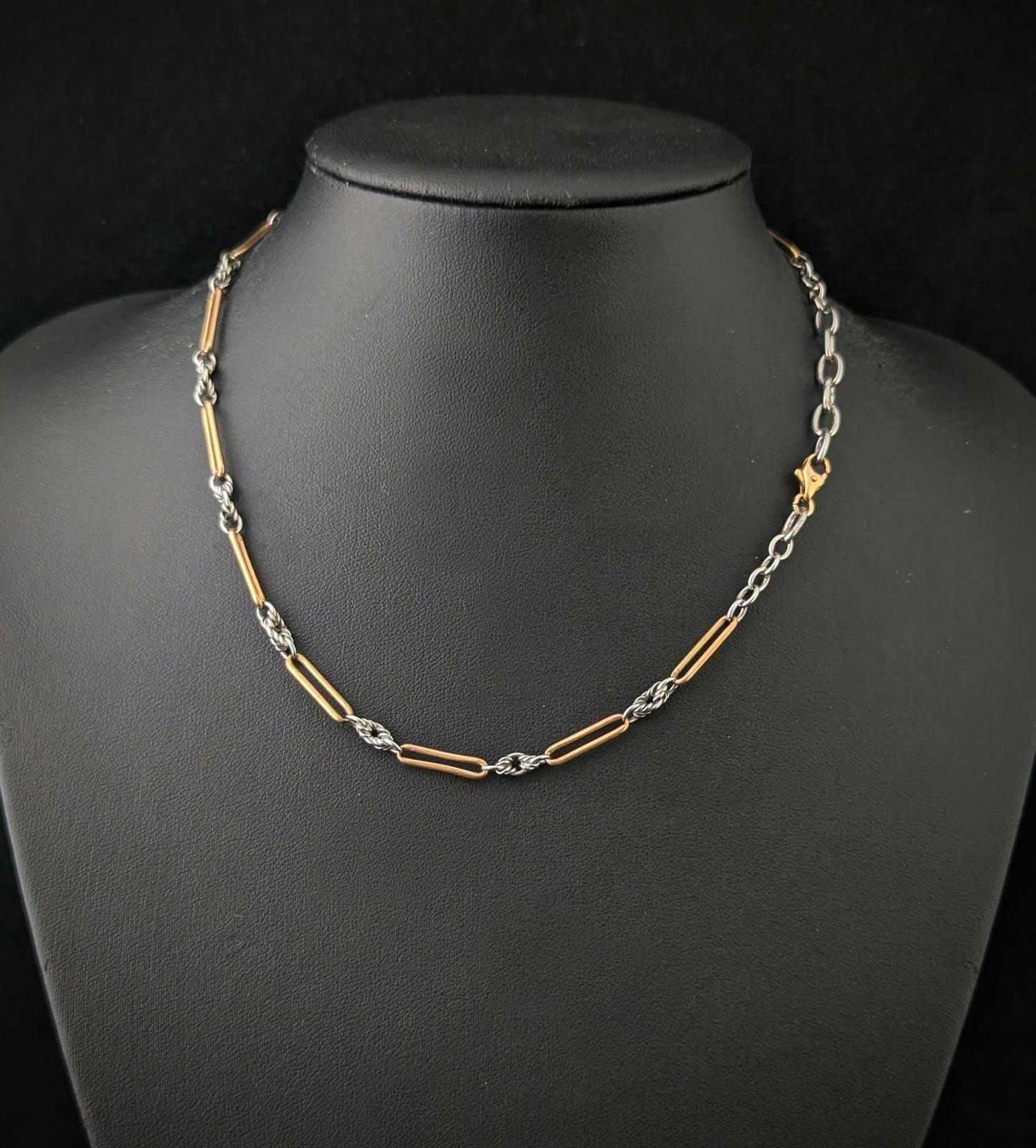 Antique Art Deco trombone link Albert chain necklace, 9ct gold clasp