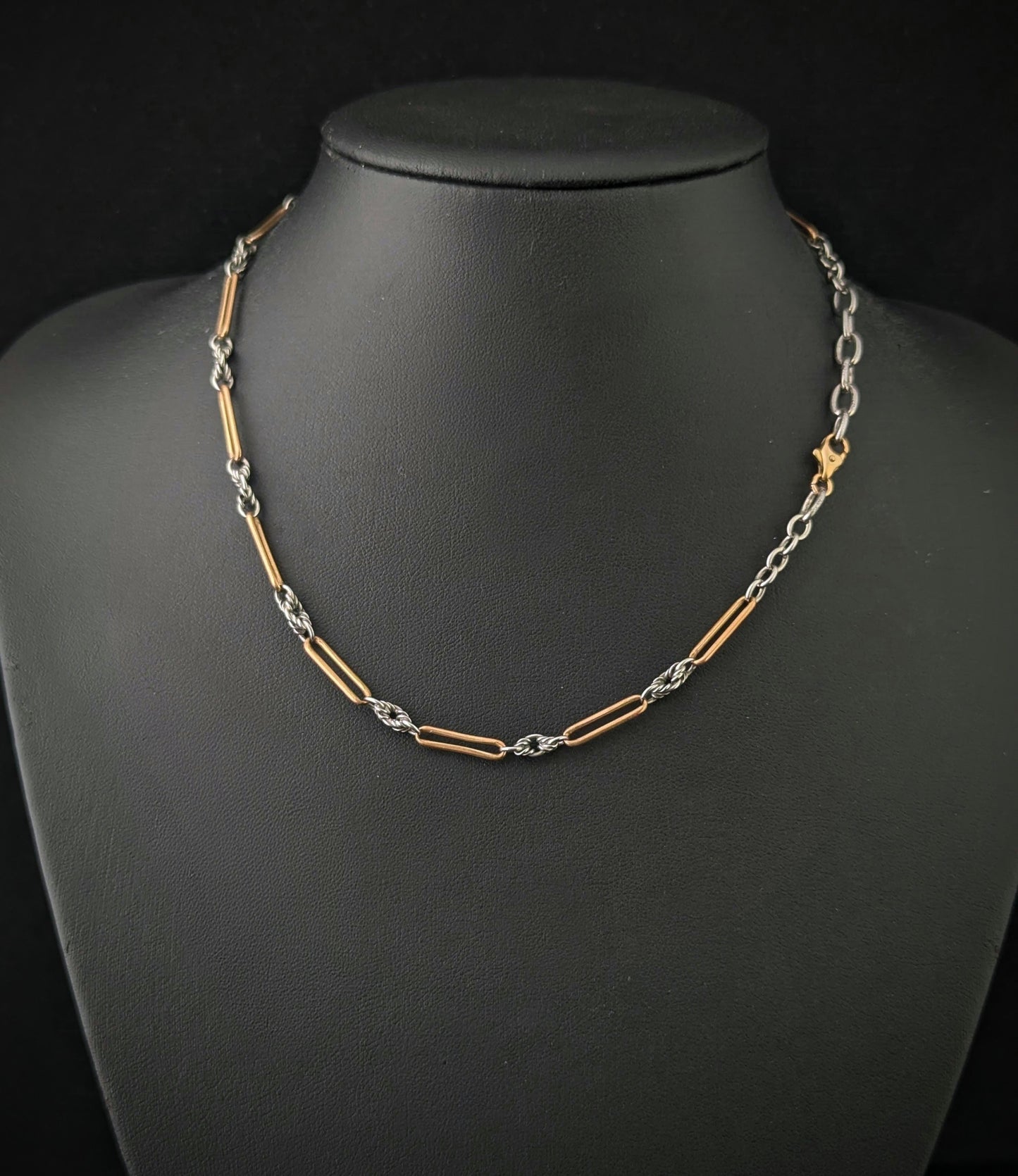Antique Art Deco trombone link Albert chain necklace, 9ct gold clasp