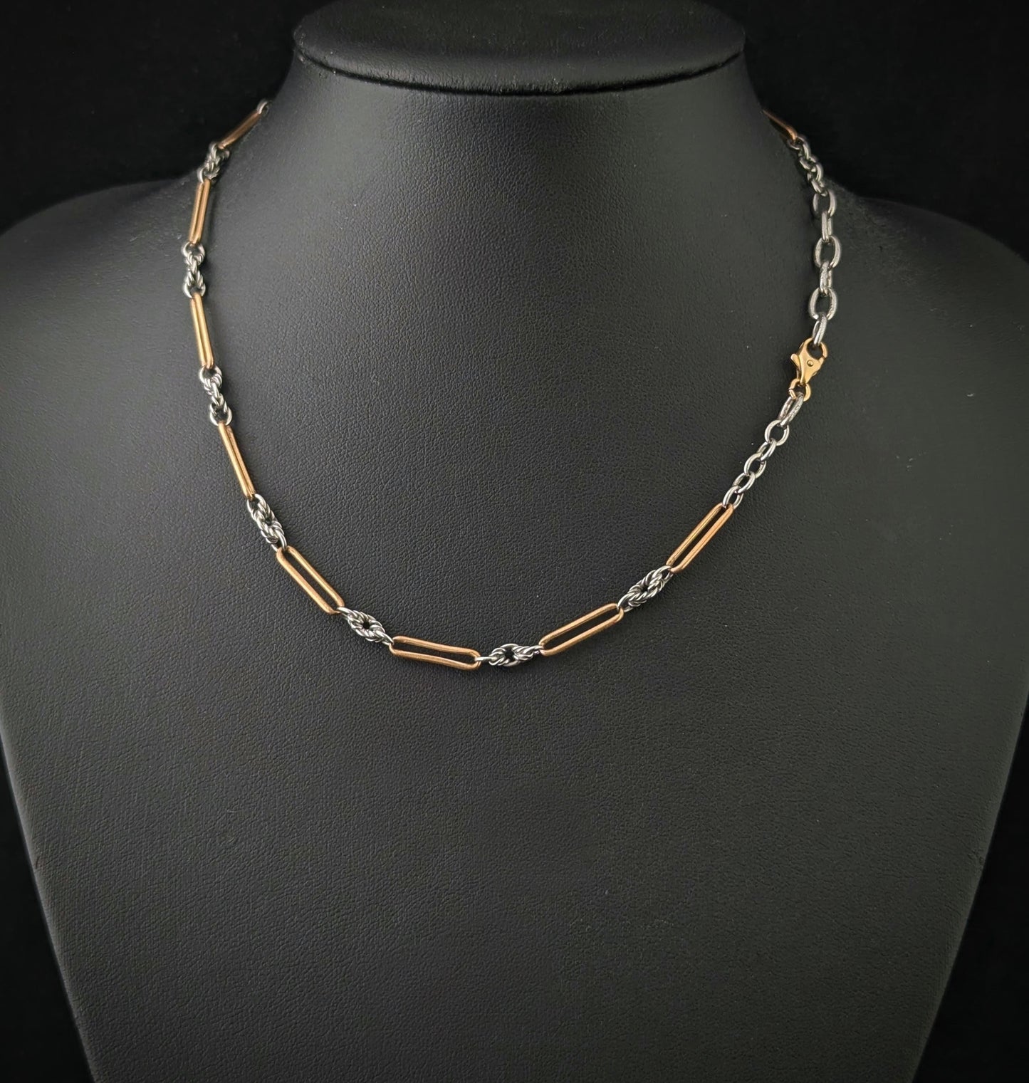 Antique Art Deco trombone link Albert chain necklace, 9ct gold clasp