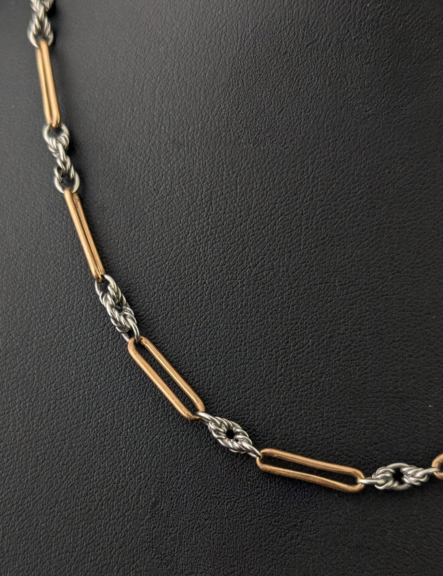 Antique Art Deco trombone link Albert chain necklace, 9ct gold clasp