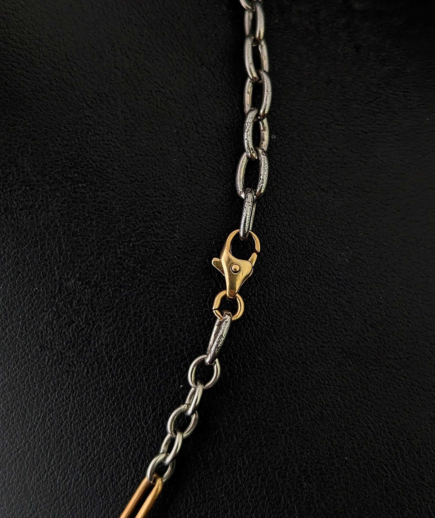 Antique Art Deco trombone link Albert chain necklace, 9ct gold clasp