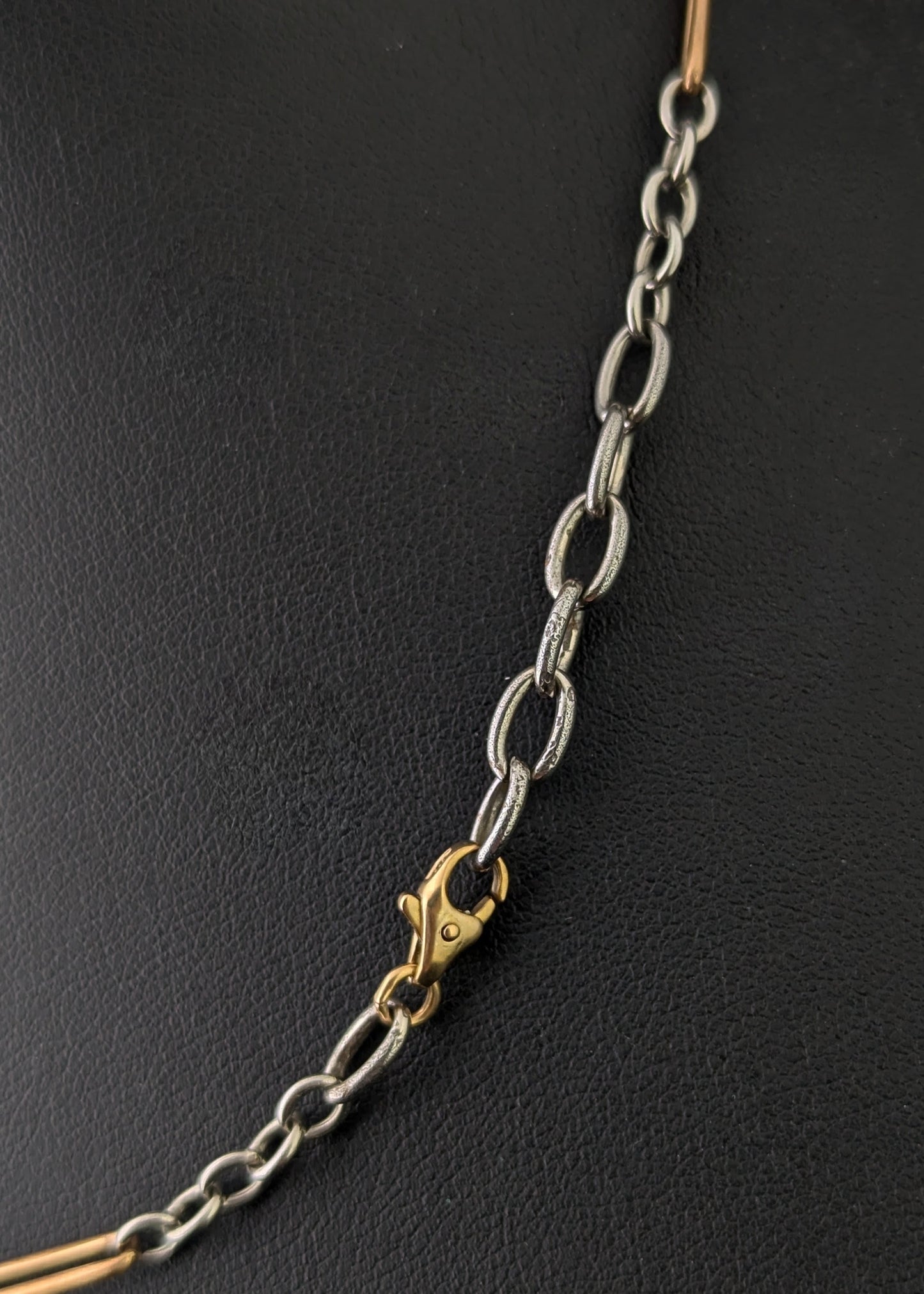 Antique Art Deco trombone link Albert chain necklace, 9ct gold clasp