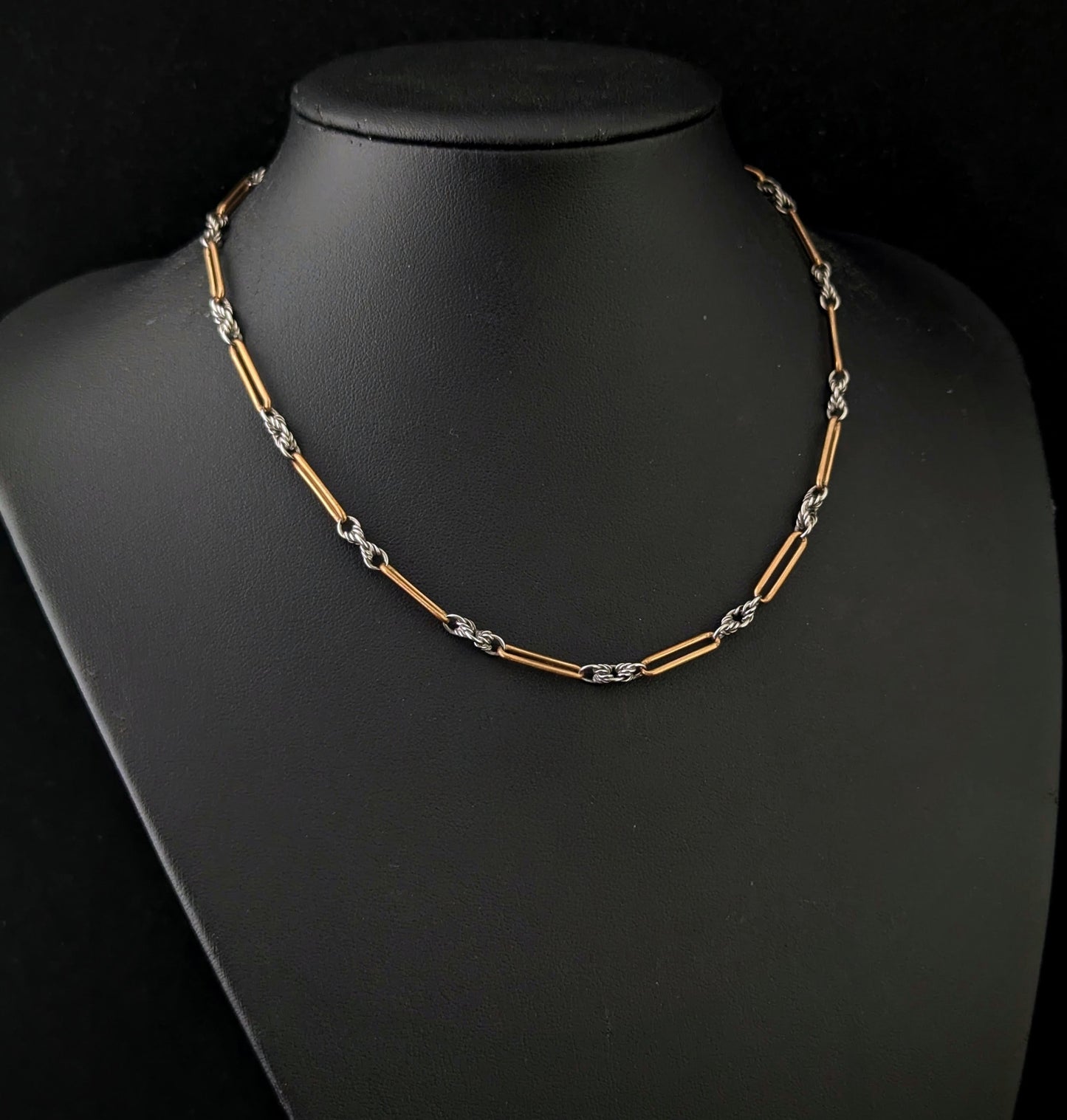 Antique Art Deco trombone link Albert chain necklace, 9ct gold clasp