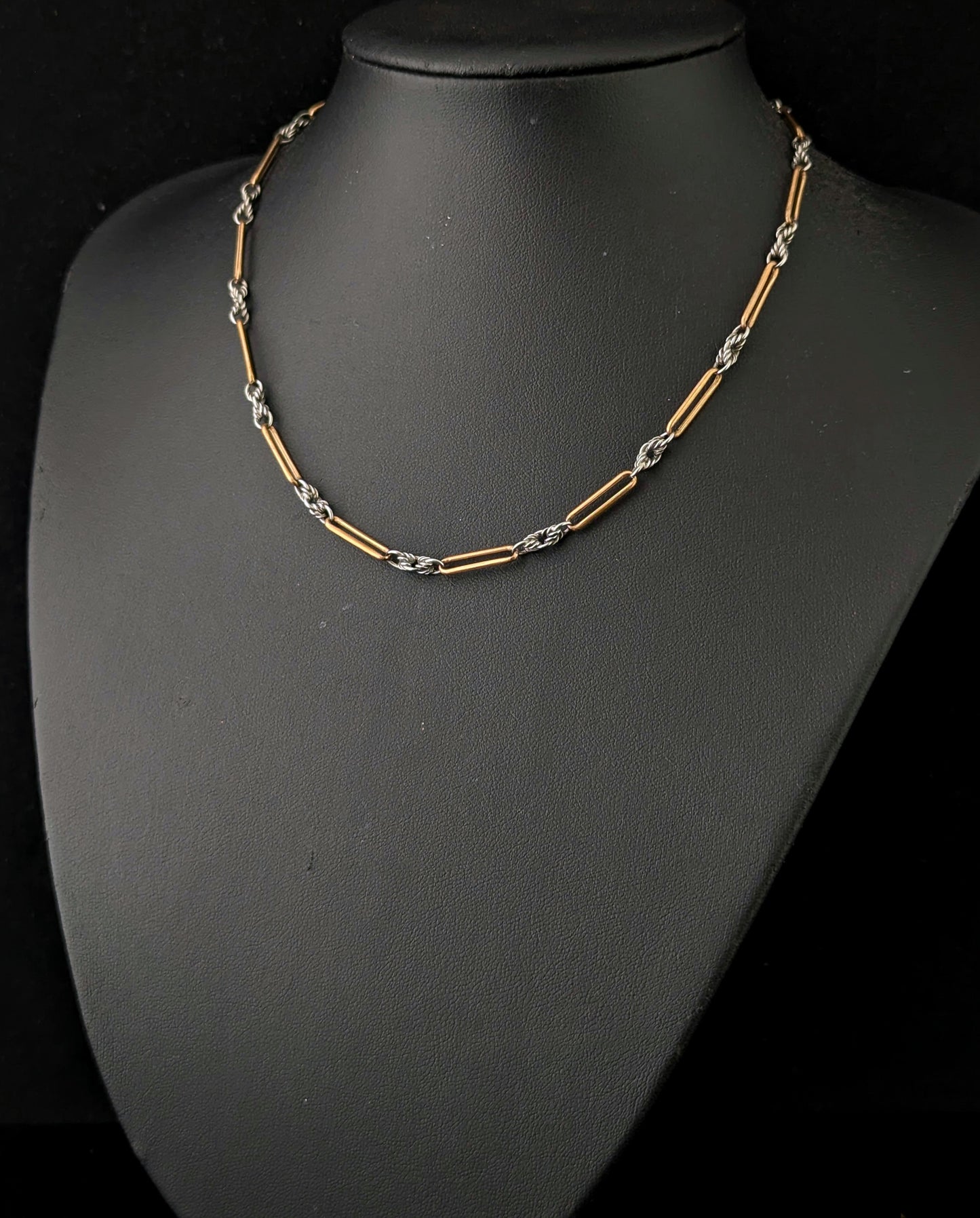 Antique Art Deco trombone link Albert chain necklace, 9ct gold clasp