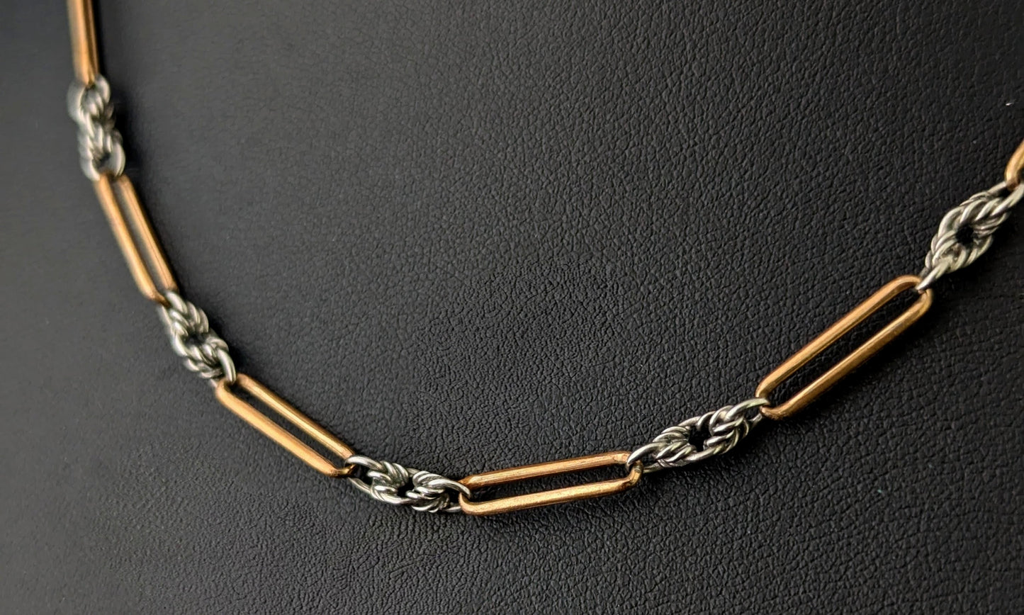 Antique Art Deco trombone link Albert chain necklace, 9ct gold clasp
