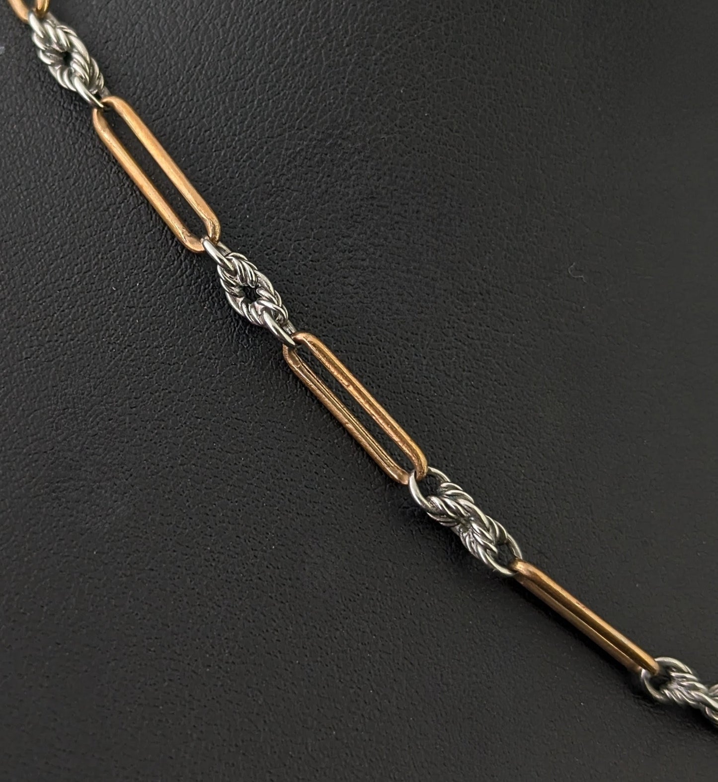 Antique Art Deco trombone link Albert chain necklace, 9ct gold clasp