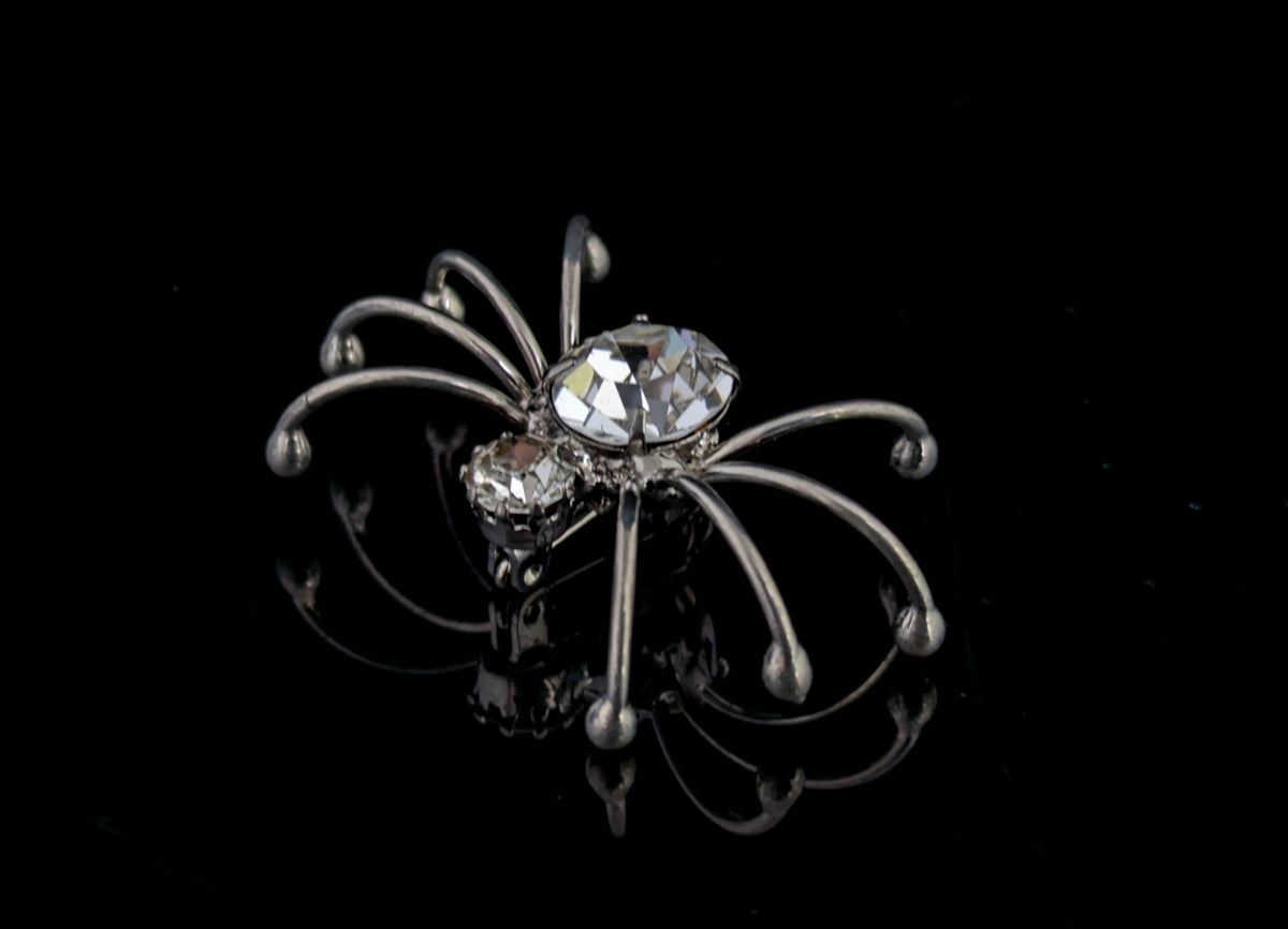 Vintage spider brooch, silver tone, sparkly diamante