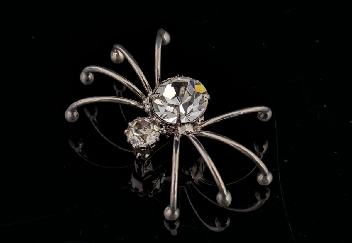Vintage spider brooch, silver tone, sparkly diamante