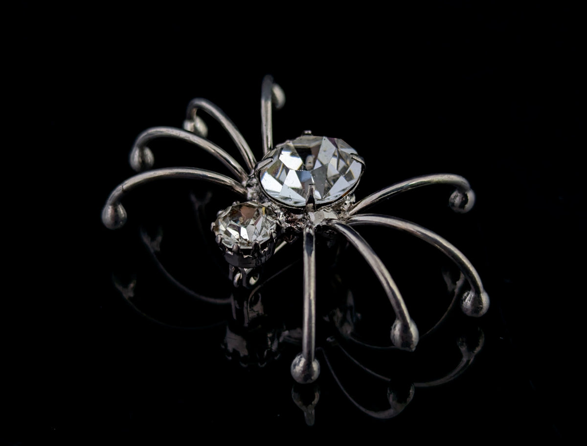 Vintage spider brooch, silver tone, sparkly diamante