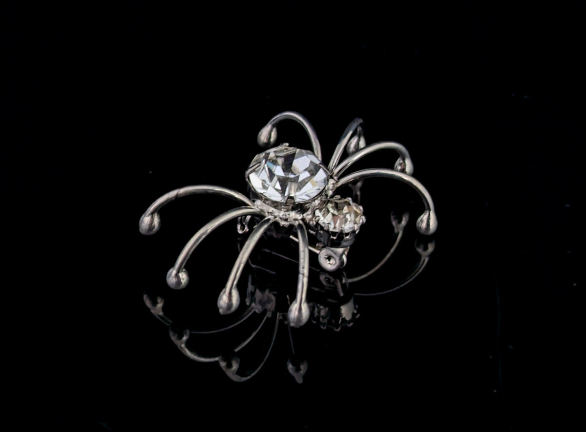 Vintage spider brooch, silver tone, sparkly diamante