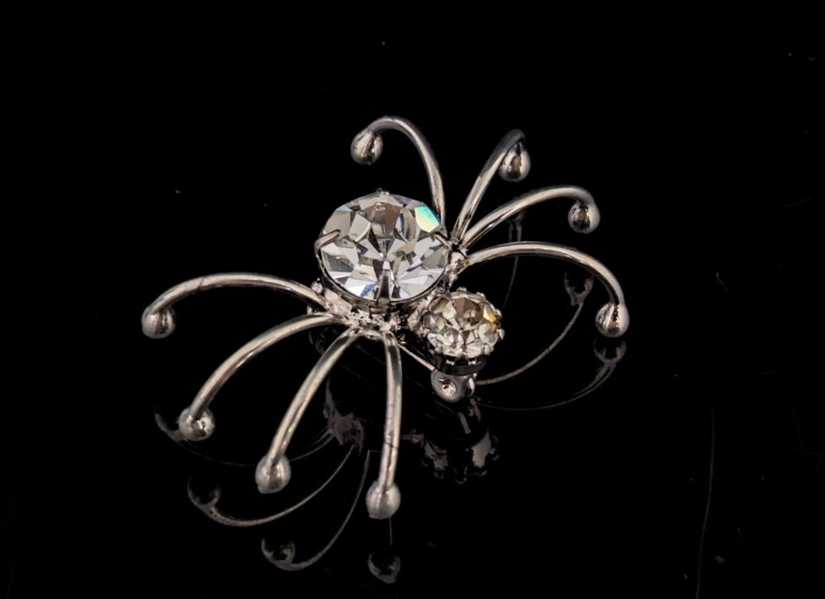 Vintage spider brooch, silver tone, sparkly diamante