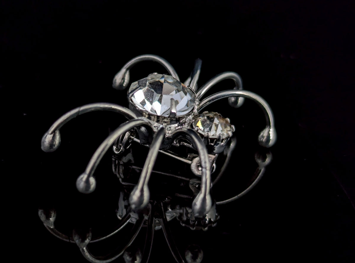 Vintage spider brooch, silver tone, sparkly diamante