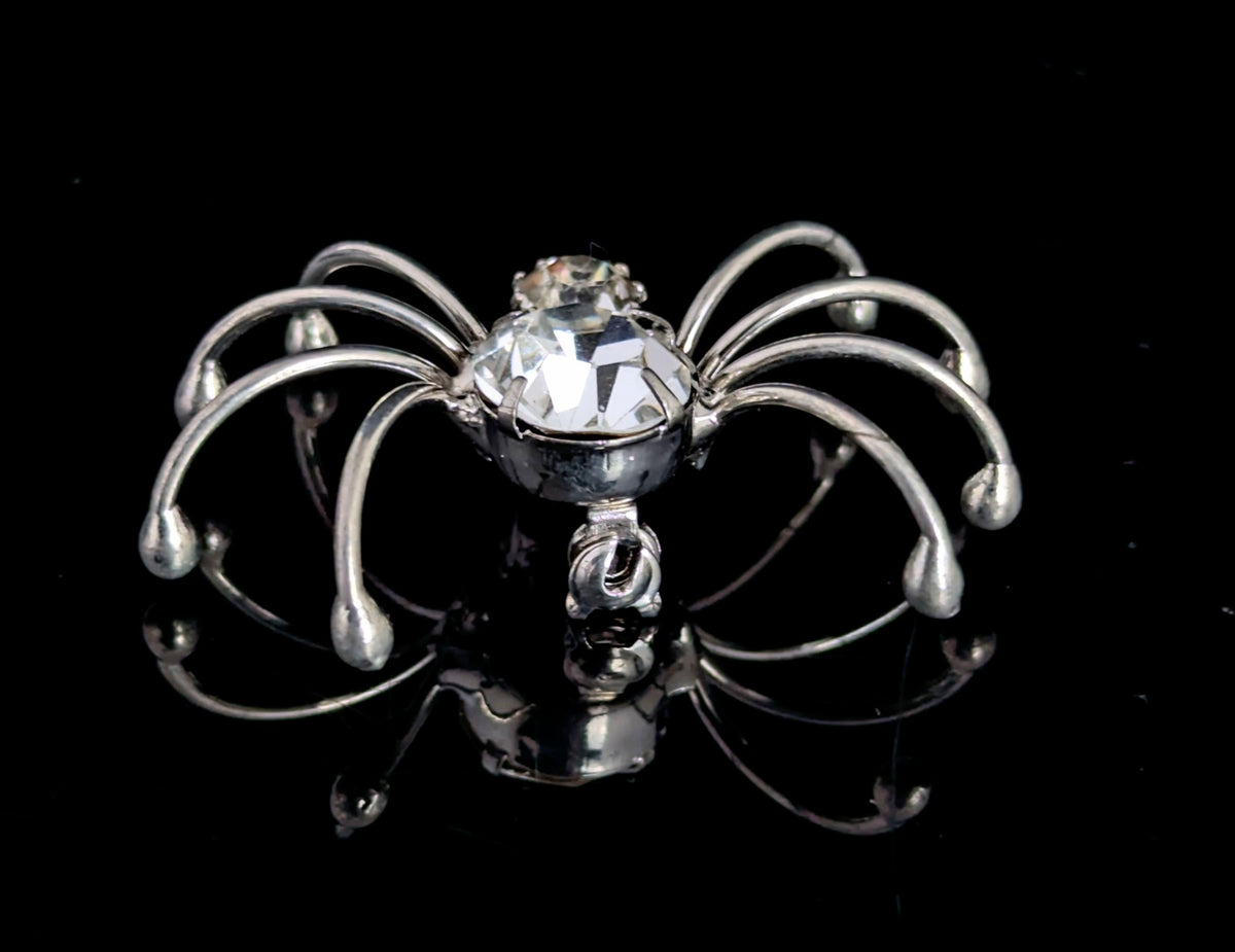 Vintage spider brooch, silver tone, sparkly diamante