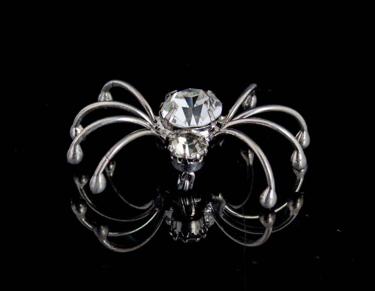 Vintage spider brooch, silver tone, sparkly diamante