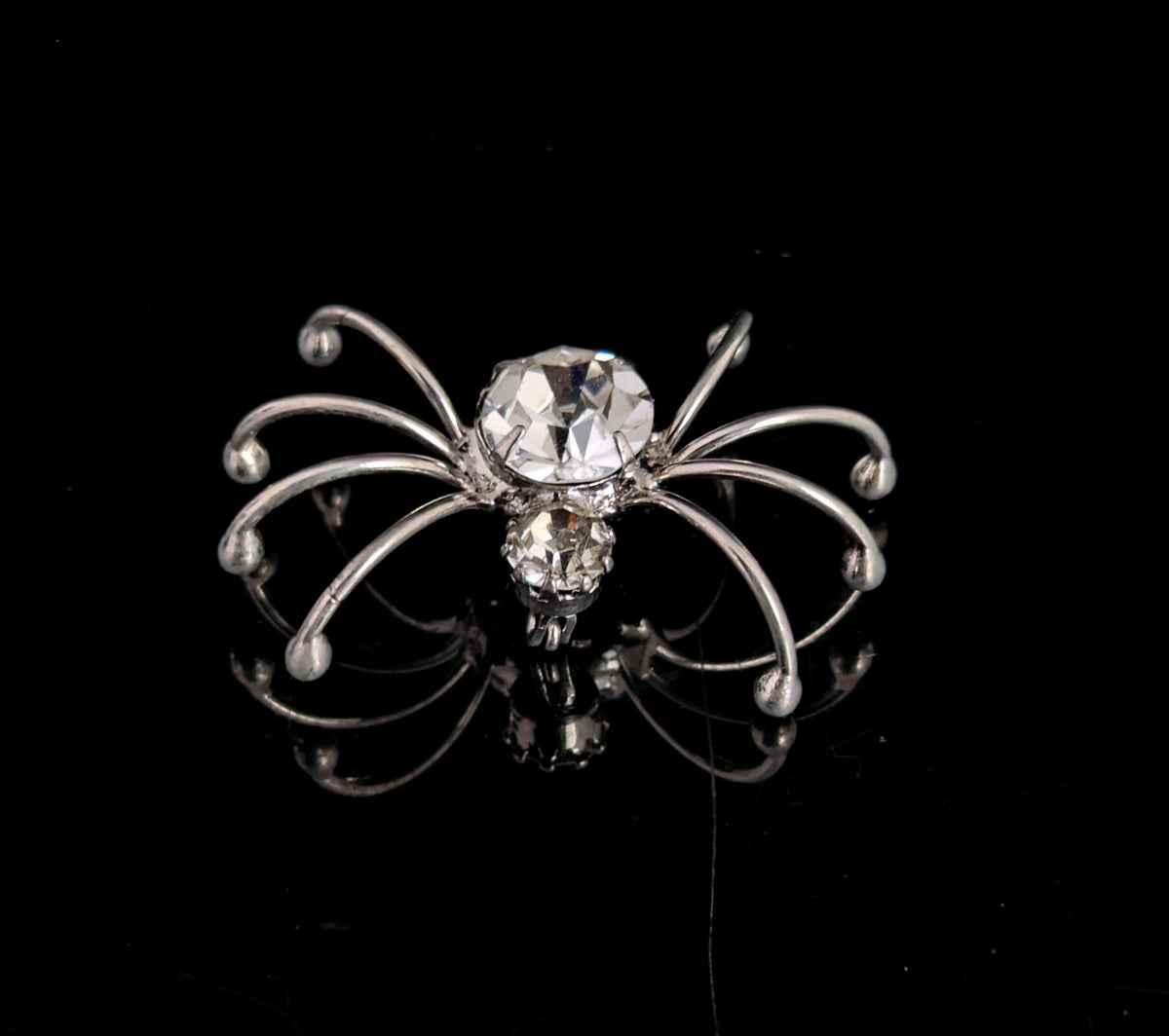 Vintage spider brooch, silver tone, sparkly diamante