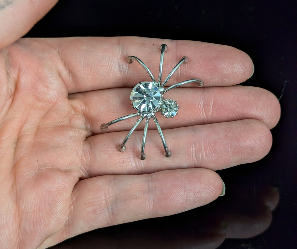Vintage spider brooch, silver tone, sparkly diamante