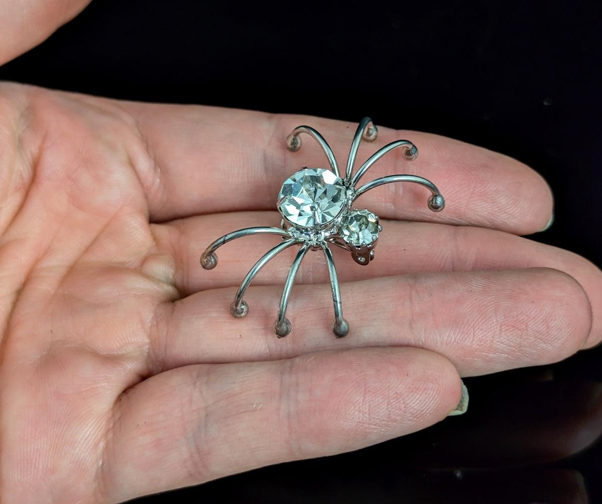 Vintage spider brooch, silver tone, sparkly diamante