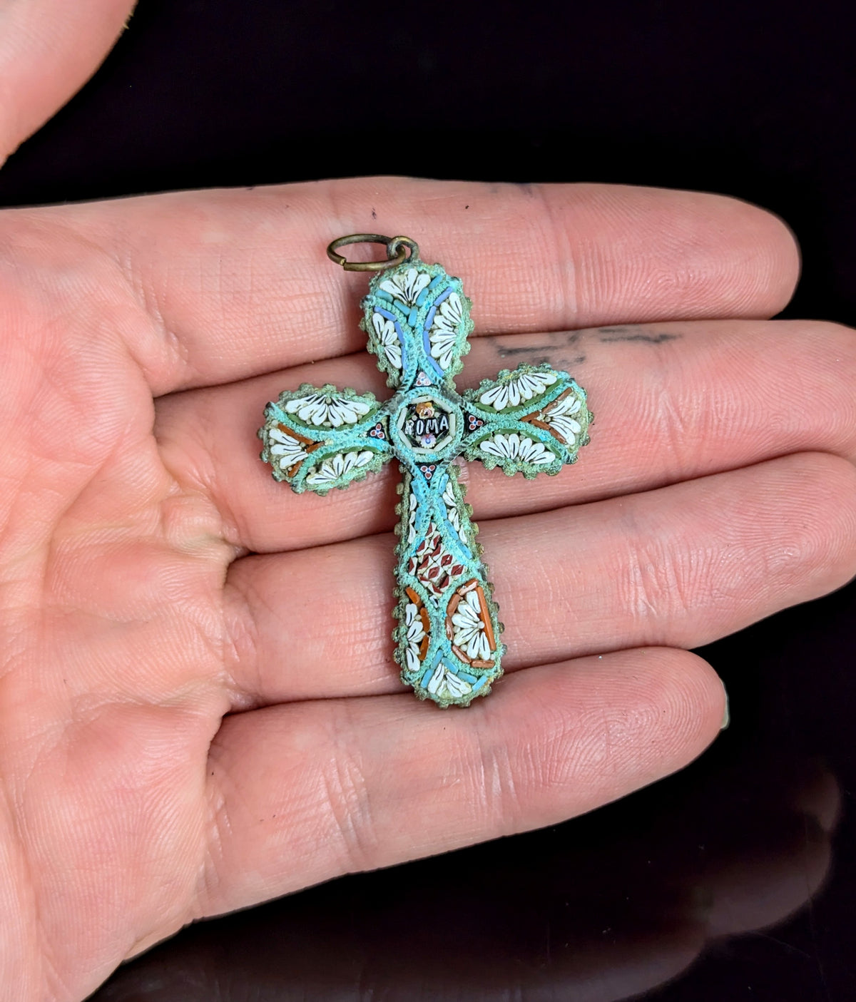 Antique Micro mosaic crucifix pendant, Italian Cross, Roma