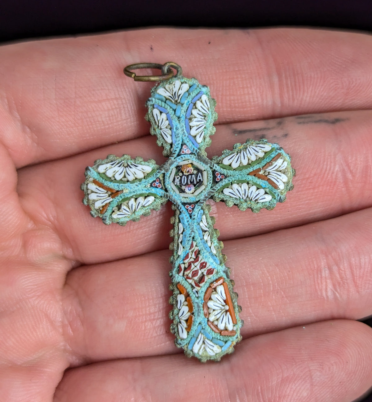 Antique Micro mosaic crucifix pendant, Italian Cross, Roma