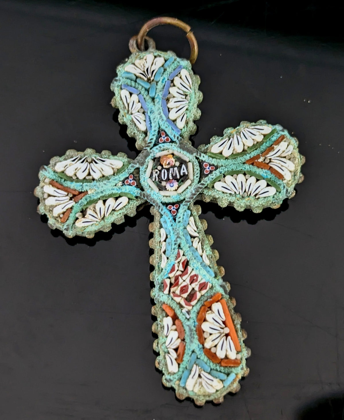 Antique Micro mosaic crucifix pendant, Italian Cross, Roma