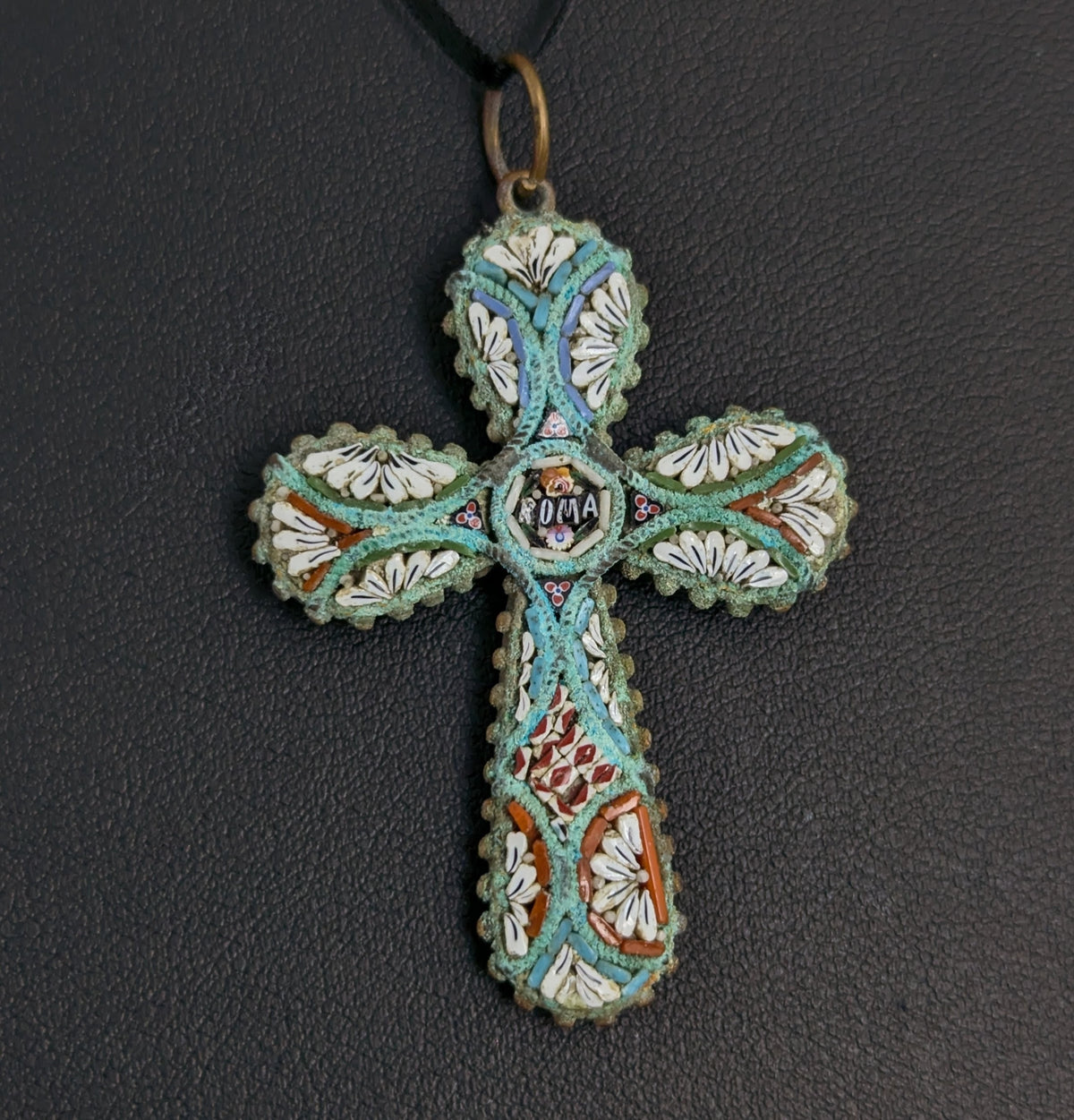 Antique Micro mosaic crucifix pendant, Italian Cross, Roma