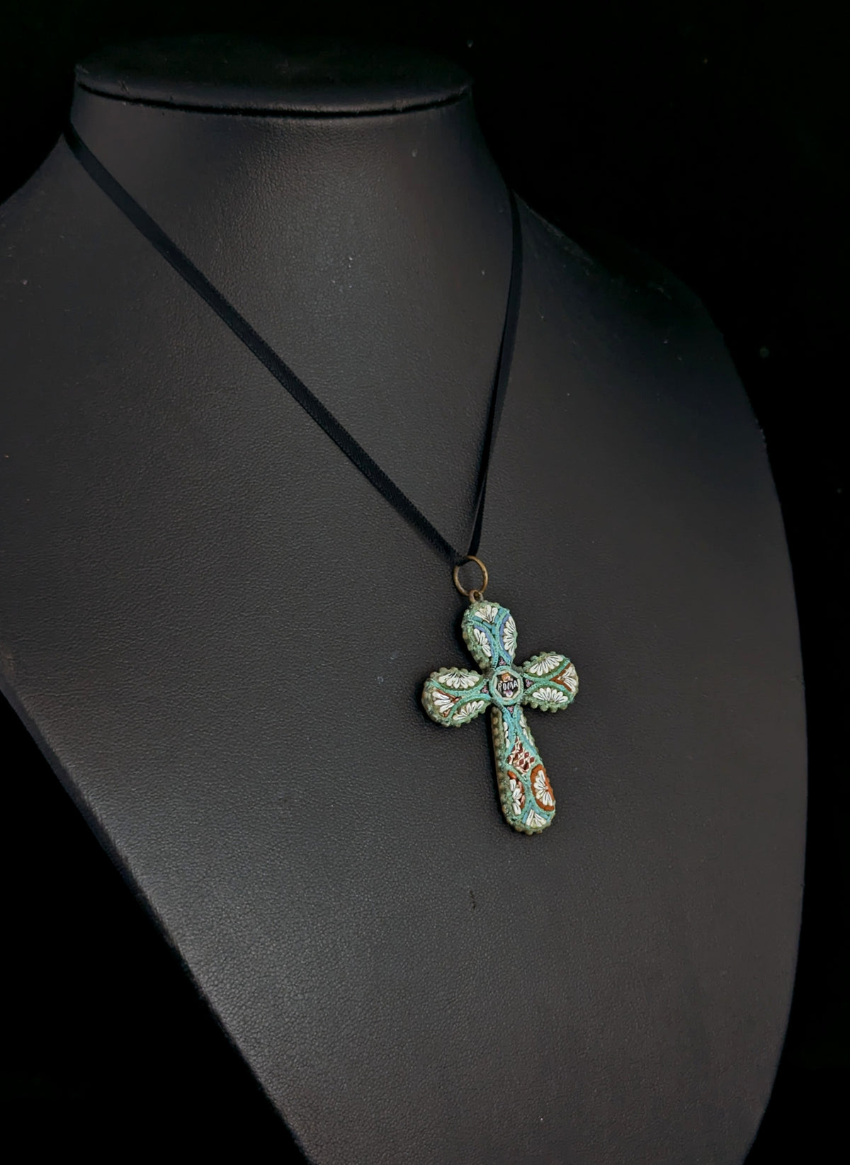 Antique Micro mosaic crucifix pendant, Italian Cross, Roma