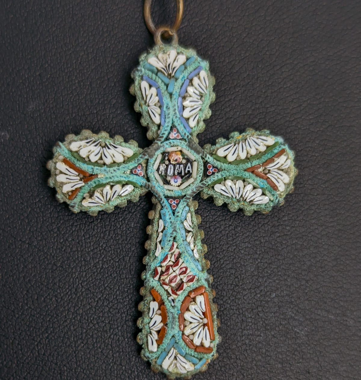 Antique Micro mosaic crucifix pendant, Italian Cross, Roma