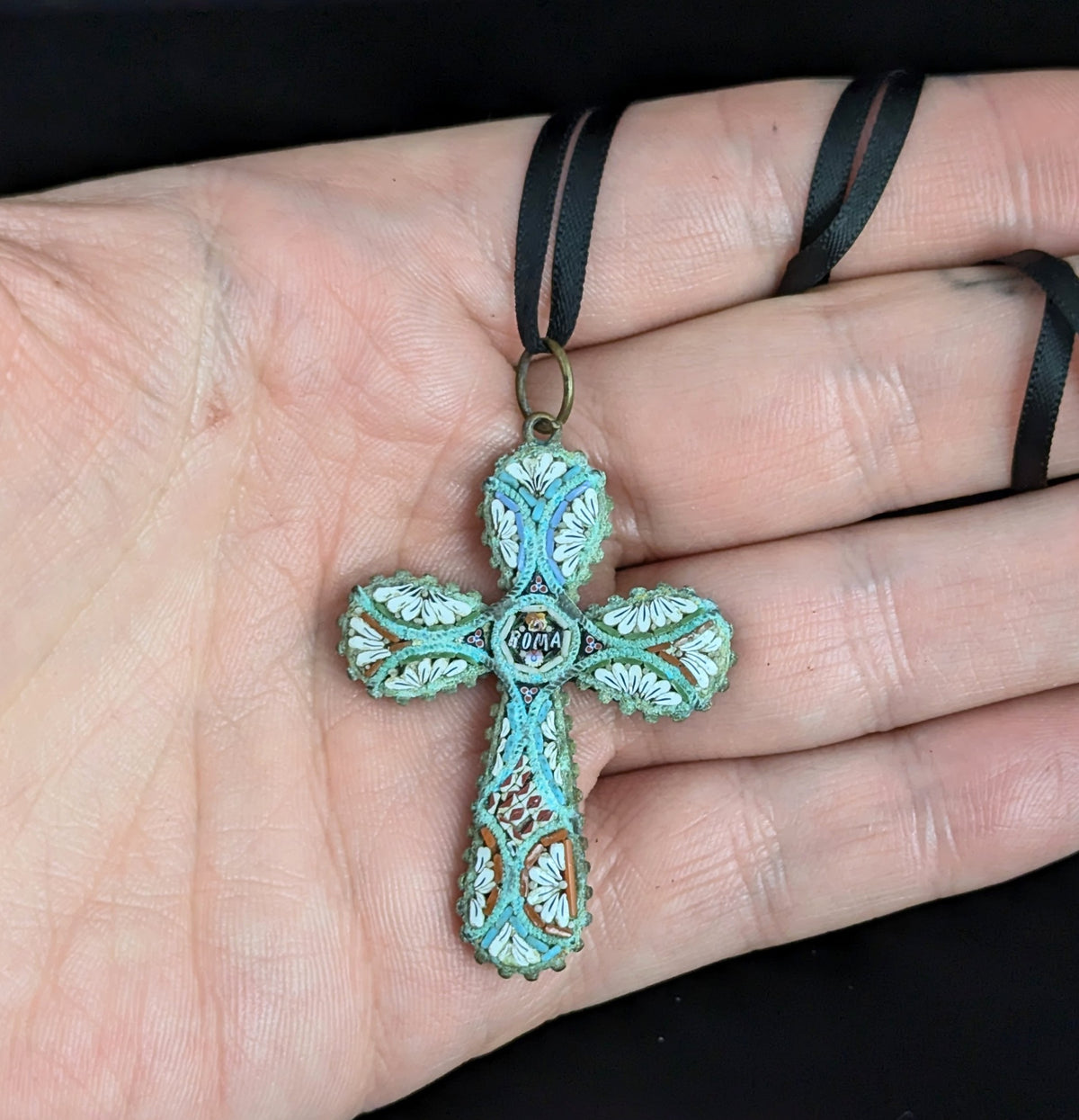 Antique Micro mosaic crucifix pendant, Italian Cross, Roma