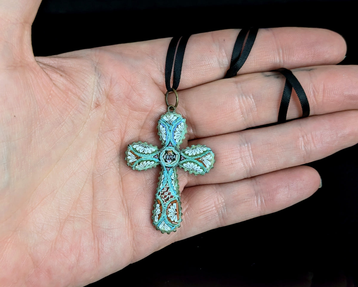 Antique Micro mosaic crucifix pendant, Italian Cross, Roma