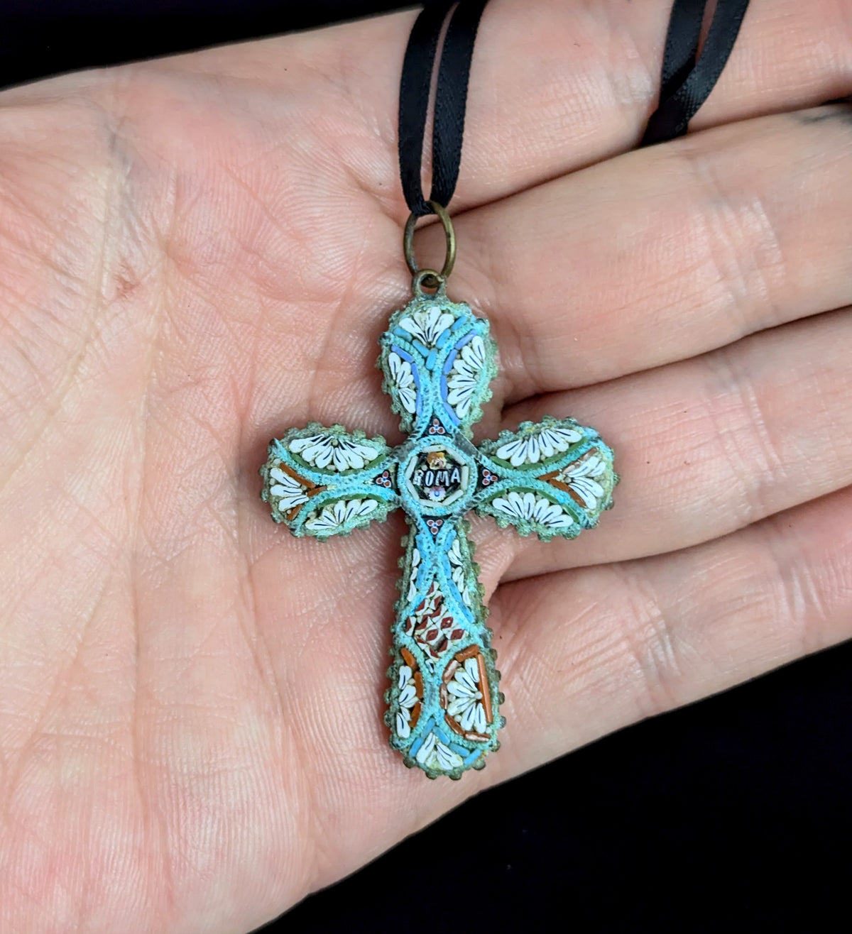 Antique Micro mosaic crucifix pendant, Italian Cross, Roma