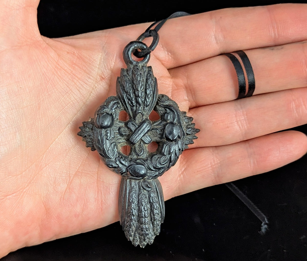 Antique Victorian mourning Cross pendant, Bog oak