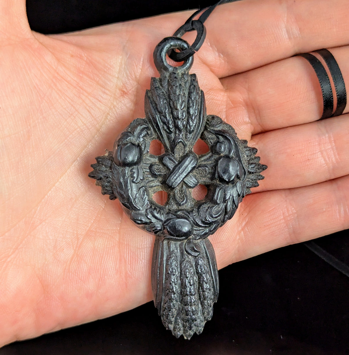 Antique Victorian mourning Cross pendant, Bog oak