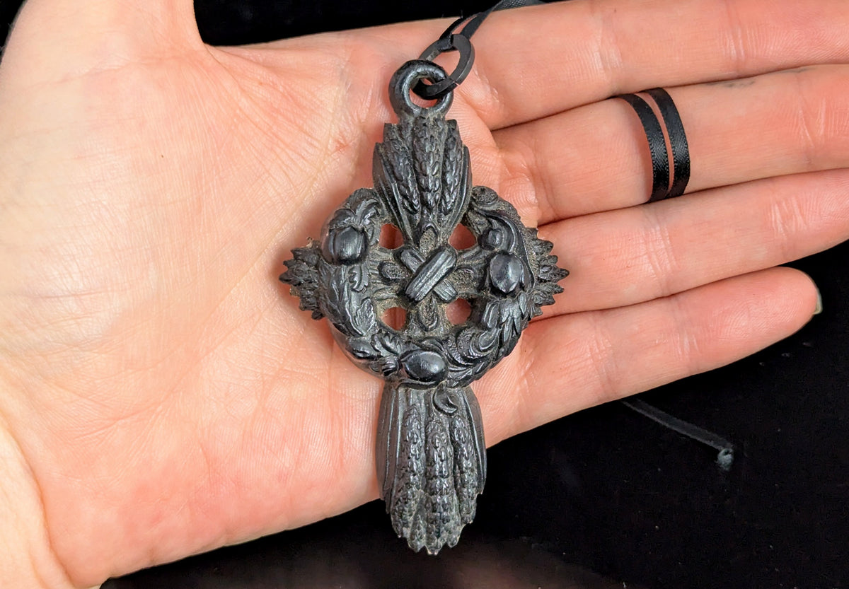 Antique Victorian mourning Cross pendant, Bog oak