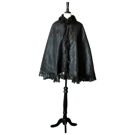 Victorian mourning cape, black taffeta and jet