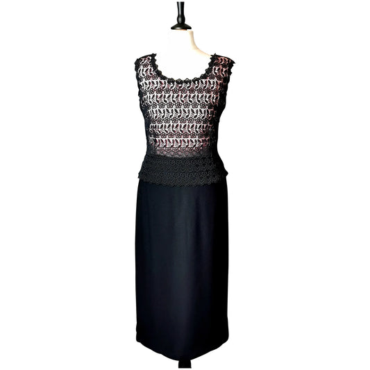Vintage 1970s Guipure lace overlay dress, Black and pink