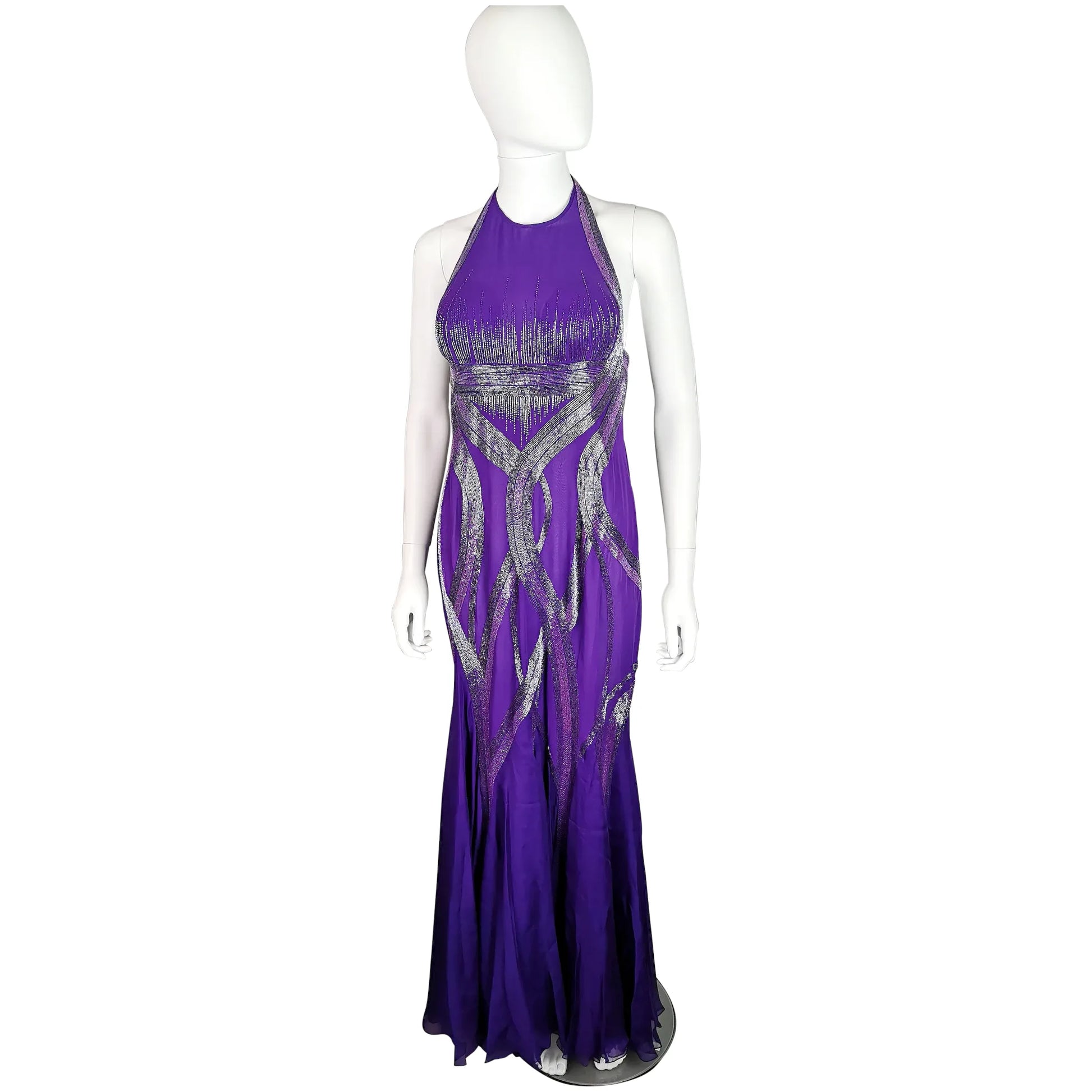 2000s Versace by Donatella Purple Rhinestone Sheer Chiffon Boned Flare  Dress For Sale at 1stDibs