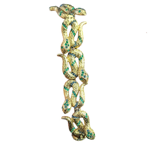 Vintage D'Orlan snake bracelet, gold plated, green crystal
