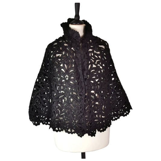 Antique Victorian mourning cape, black tape lace