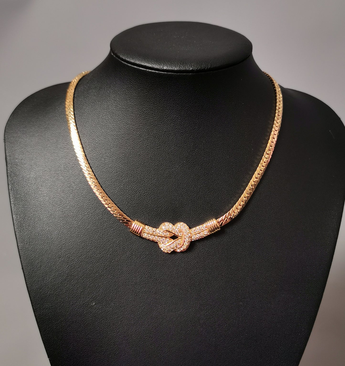 Vintage Swarovski crystal knot necklace, Herringbone link chain