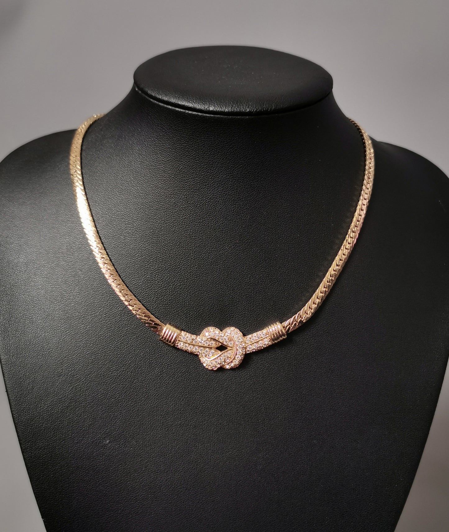 Vintage Swarovski crystal knot necklace, Herringbone link chain